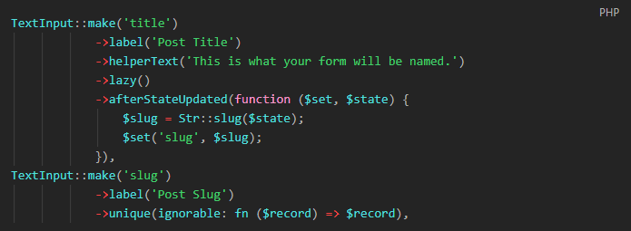 Automatically update slug based on a text field in filament.